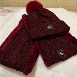 NWOT UGG Deep Red Knit Beanie and Scarf Set